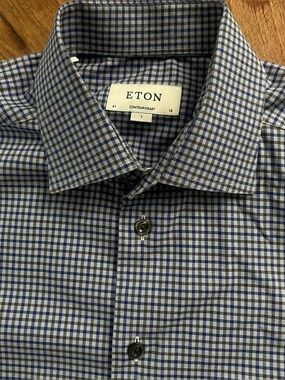 Eton Contemporary Ctn Dress Shirt Men 41/16 Sz L Blue Blue Tan white Check MINT